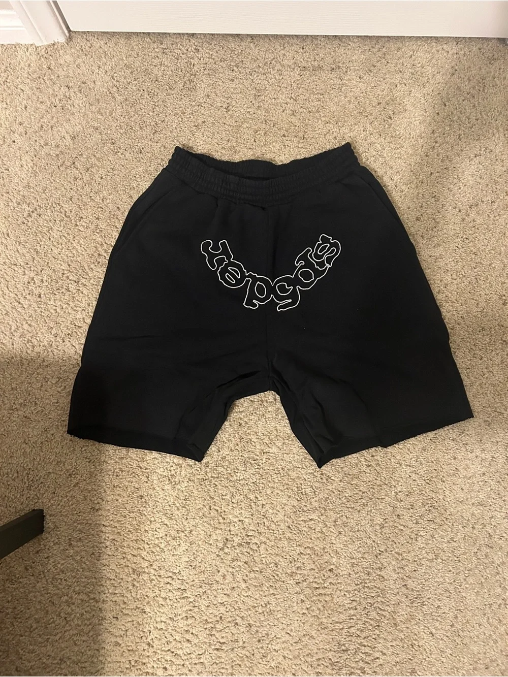 Black Graphic Elastic Waist Shorts - White Logo